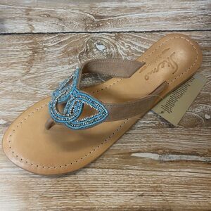 Seychelles Tan Leather Flip Flop with Blue Beaded Accent